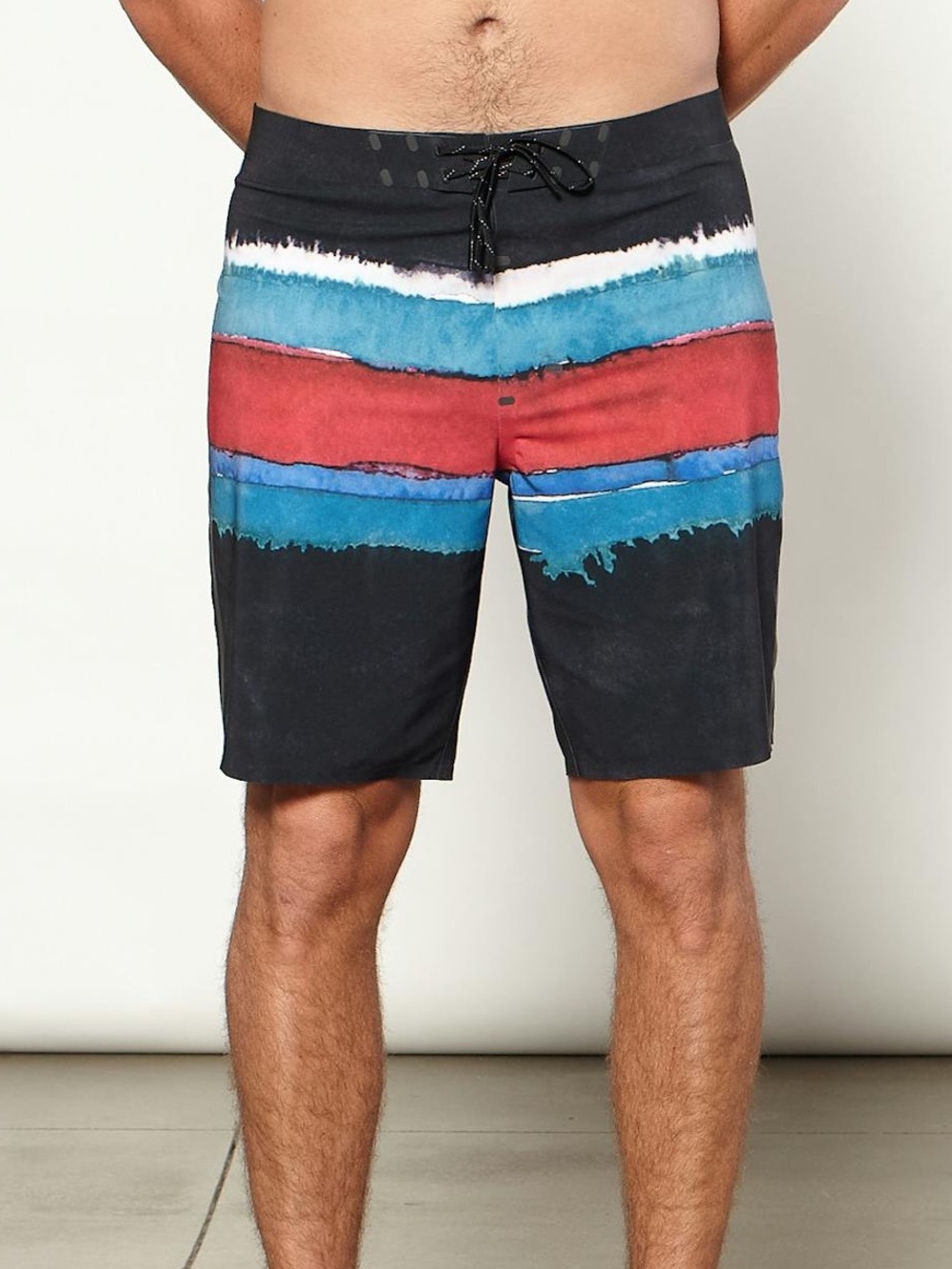 Outerknown Apex Boardshort Rising Sun Size 34 Black Blue Red Stripe Swim Trunks